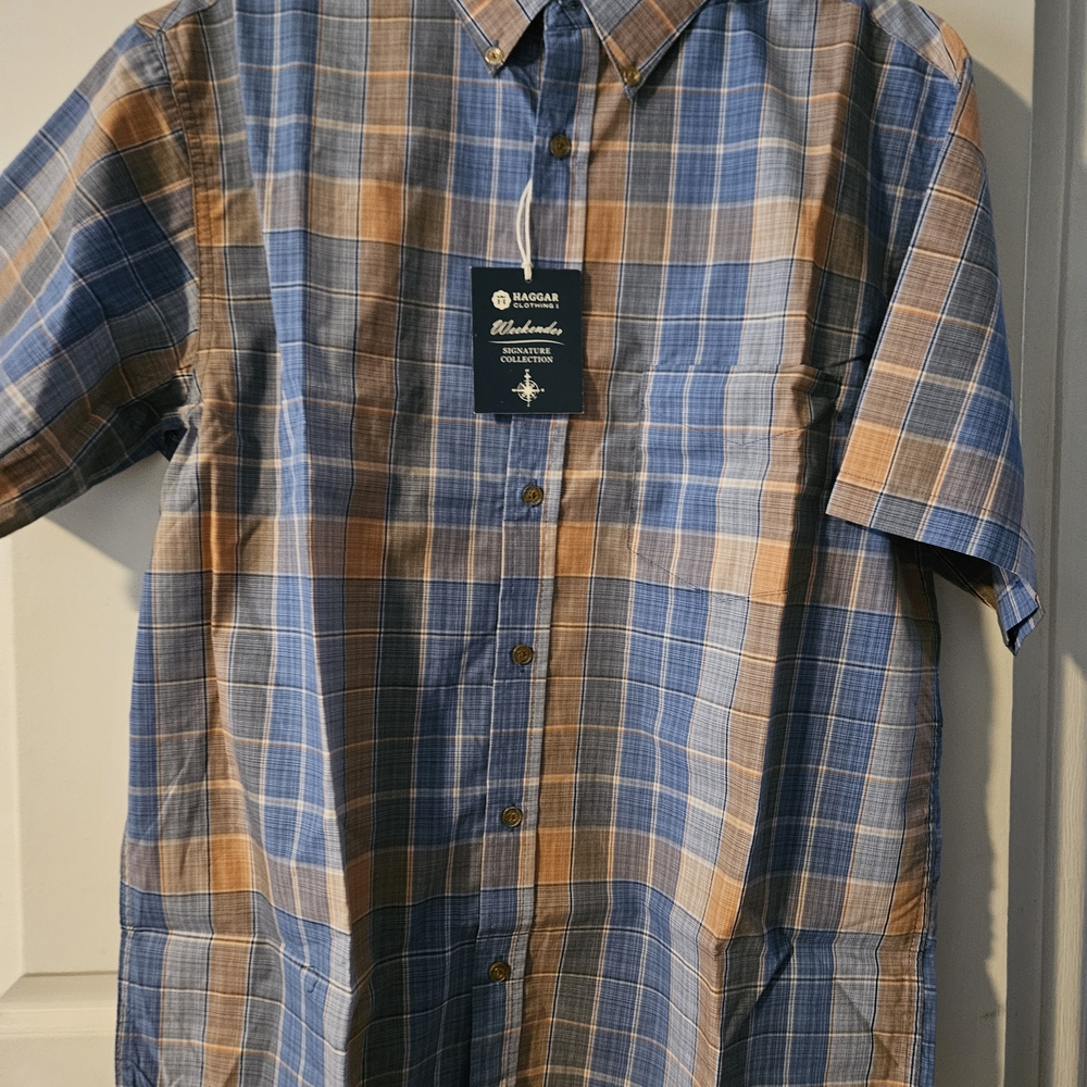 Haggar Men's Casual Blue and Tan Plaid Shirt M